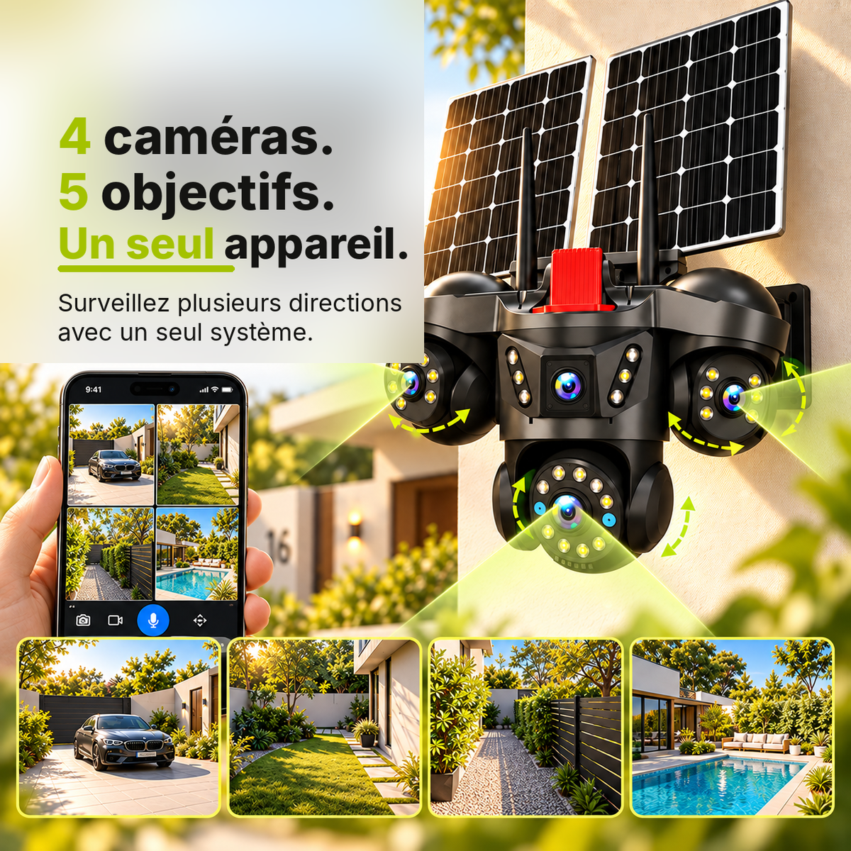 4 caméras, 5 objectifs et surveillance multi-angle — version mobile