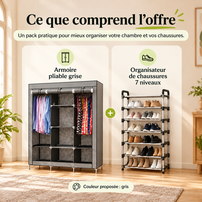 Ce que comprend le pack : armoire grise et range-chaussures 7 niveaux, sans cintres offerts