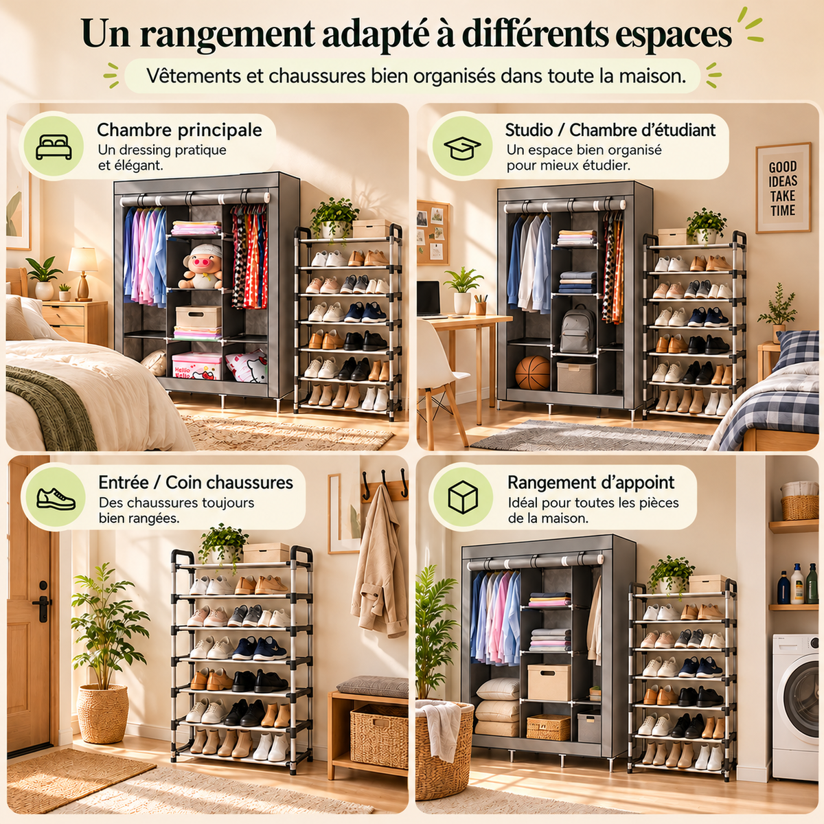 Un rangement adapté à la chambre, au studio, à l'entrée et aux espaces d'appoint