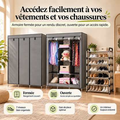 Armoire à trois panneaux frontaux ouverte ou fermée, et organisateur de chaussures à 7 niveaux