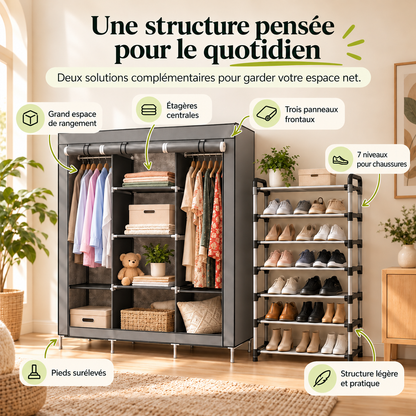 Structure illustrée : penderies latérales, étagères centrales et organisateur 7 niveaux