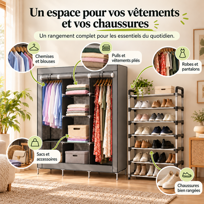 Rangement des vêtements suspendus, vêtements pliés, chaussures et accessoires