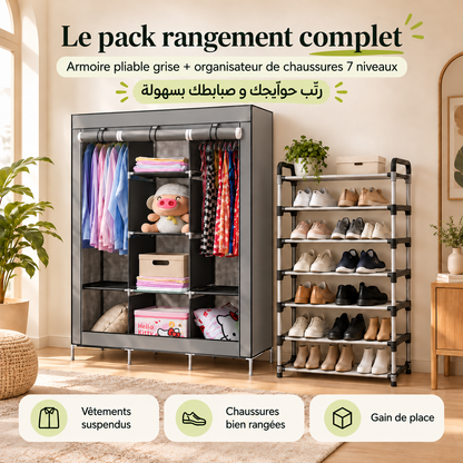 Pack rangement complet ChezAtlas : armoire grise + chaussures 7 niveaux, message marocain en darija