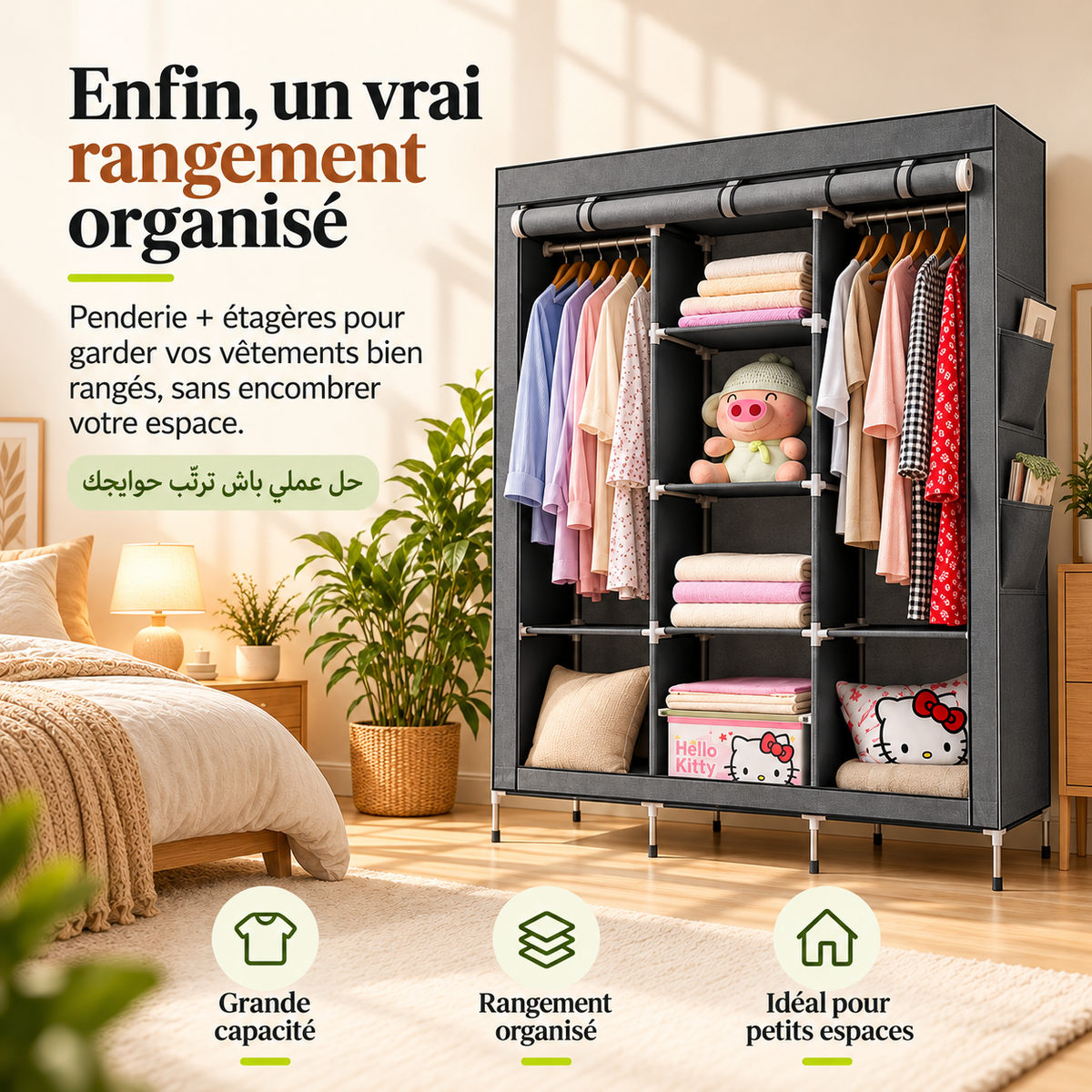 Armoire grise ChezAtlas — espace pour les vêtements, penderie et étagères
