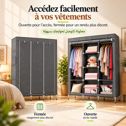 Armoire ouverte et fermée — trois panneaux pour accéder à vos vêtements
