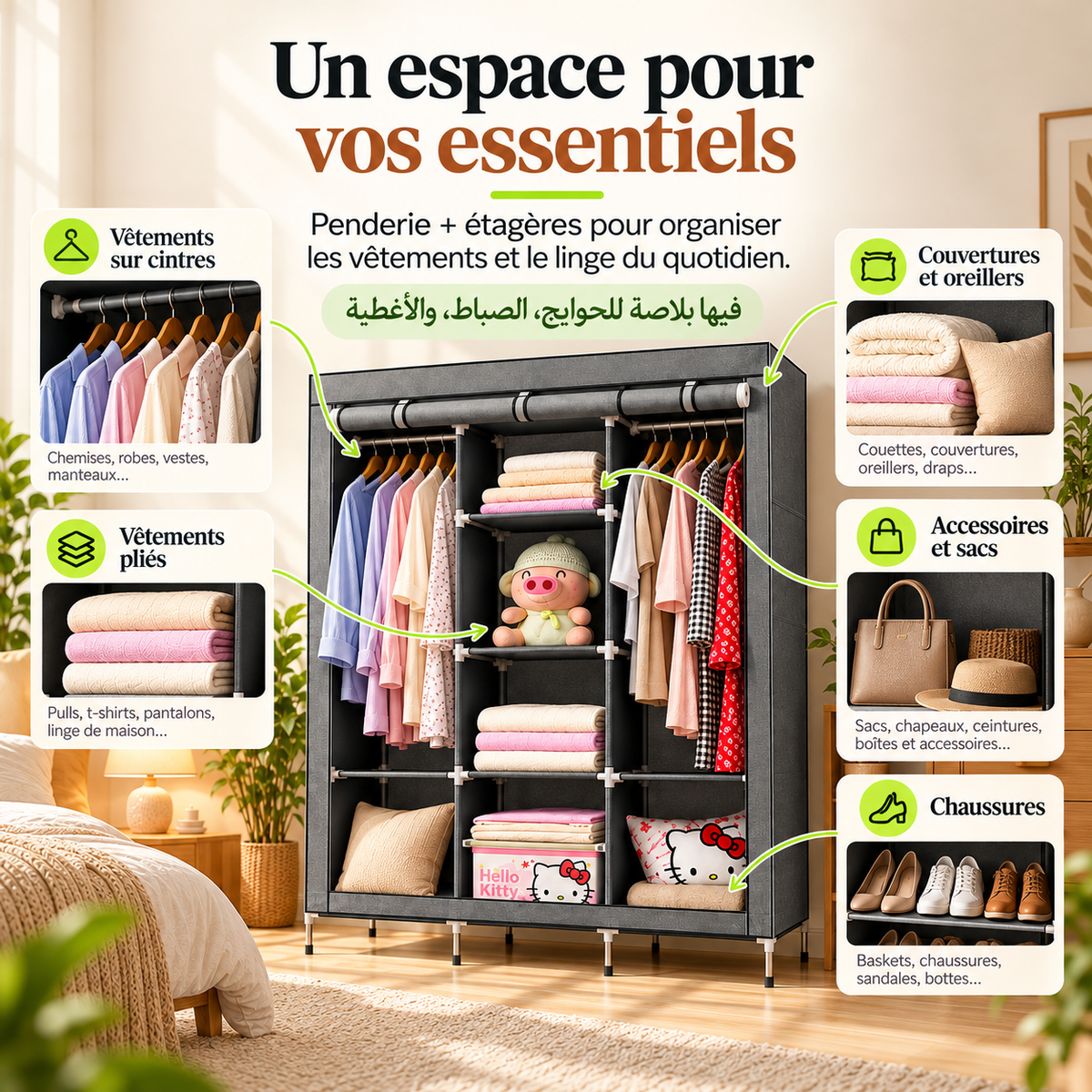 Penderie et étagères pour vêtements, couvertures, chaussures et accessoires
