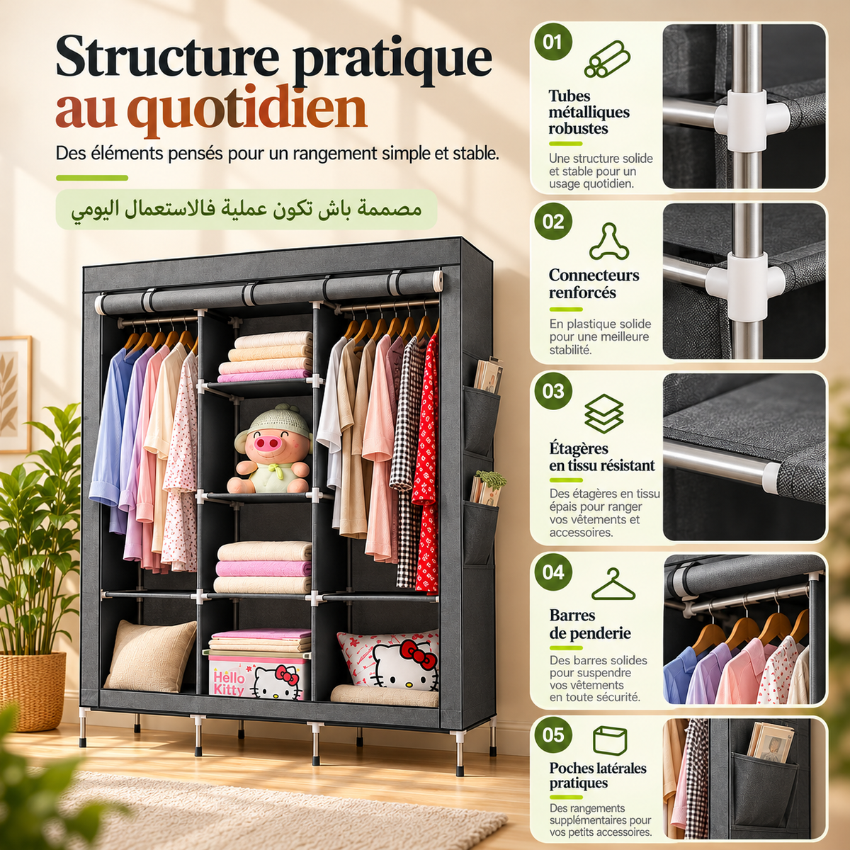Détails illustrés de la structure, des étagères, des connecteurs et des penderies
